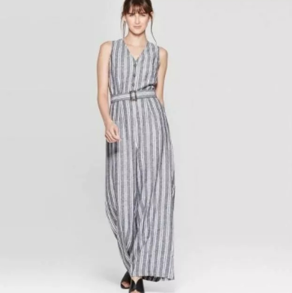 Who what wear linen blend striped belted jumpsuit XL